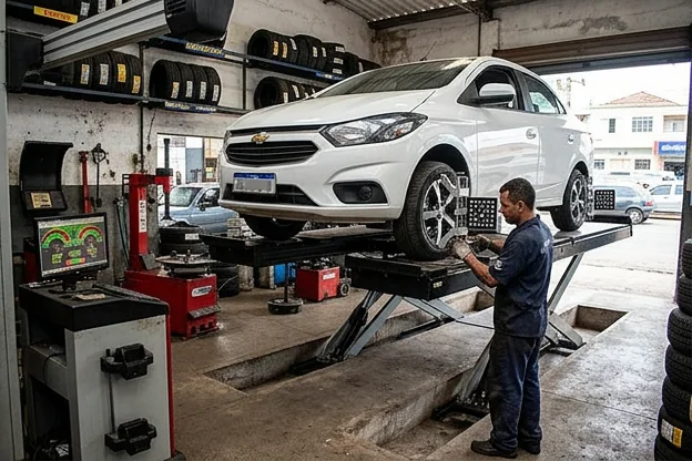 Técnico alinhando rodas de carro em Lavras.