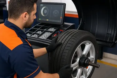 Técnico balanceando rodas de carro em Lavras.