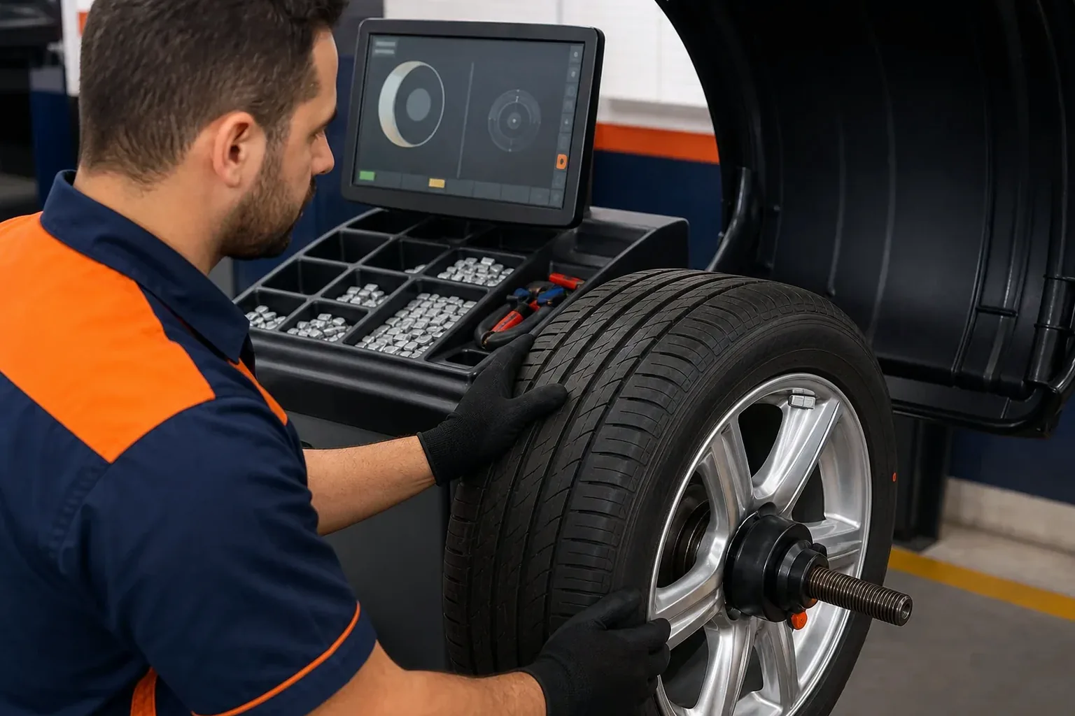 Técnico balanceando rodas de carro em Lavras.