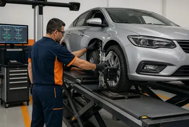 Técnico realizando alinhamento de rodas em Lavras.