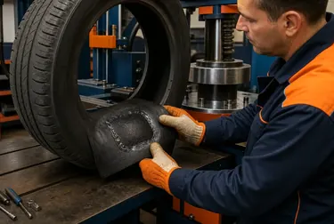 Técnico realizando vulcanização de pneus em Lavras.