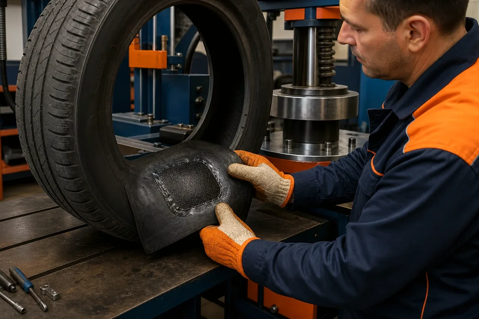 Técnico realizando vulcanização de pneus em Lavras.