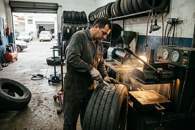 Técnico realizando vulcanização de pneus em Lavras.